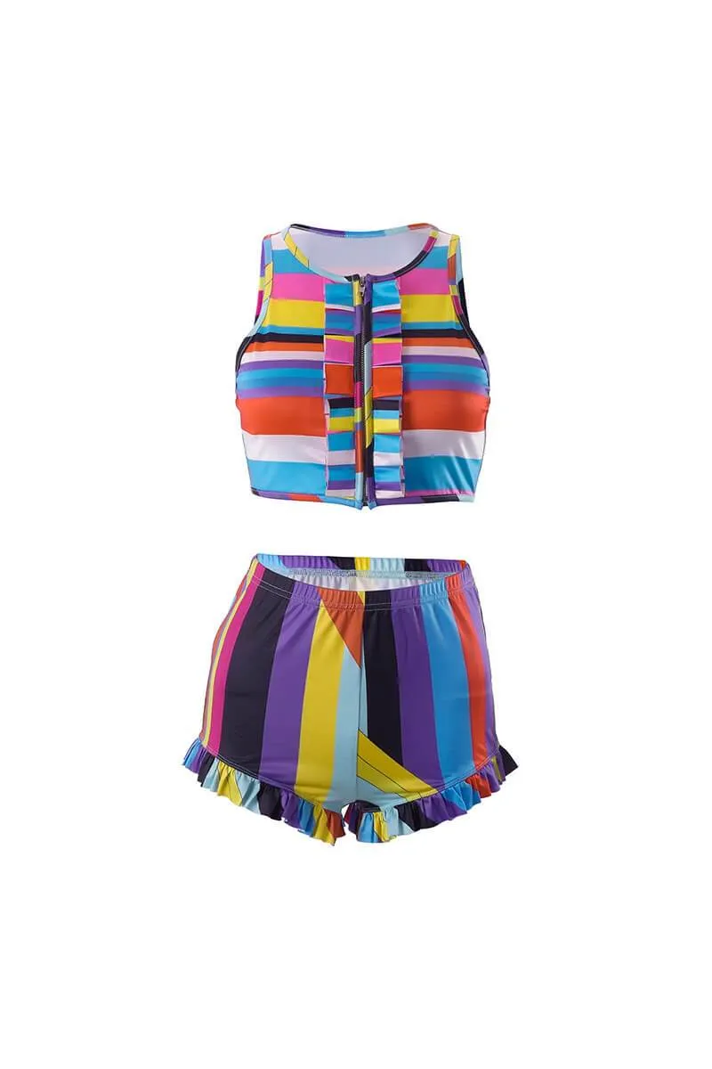 Colorful Frill Trim Crop Top and Matching Shorts