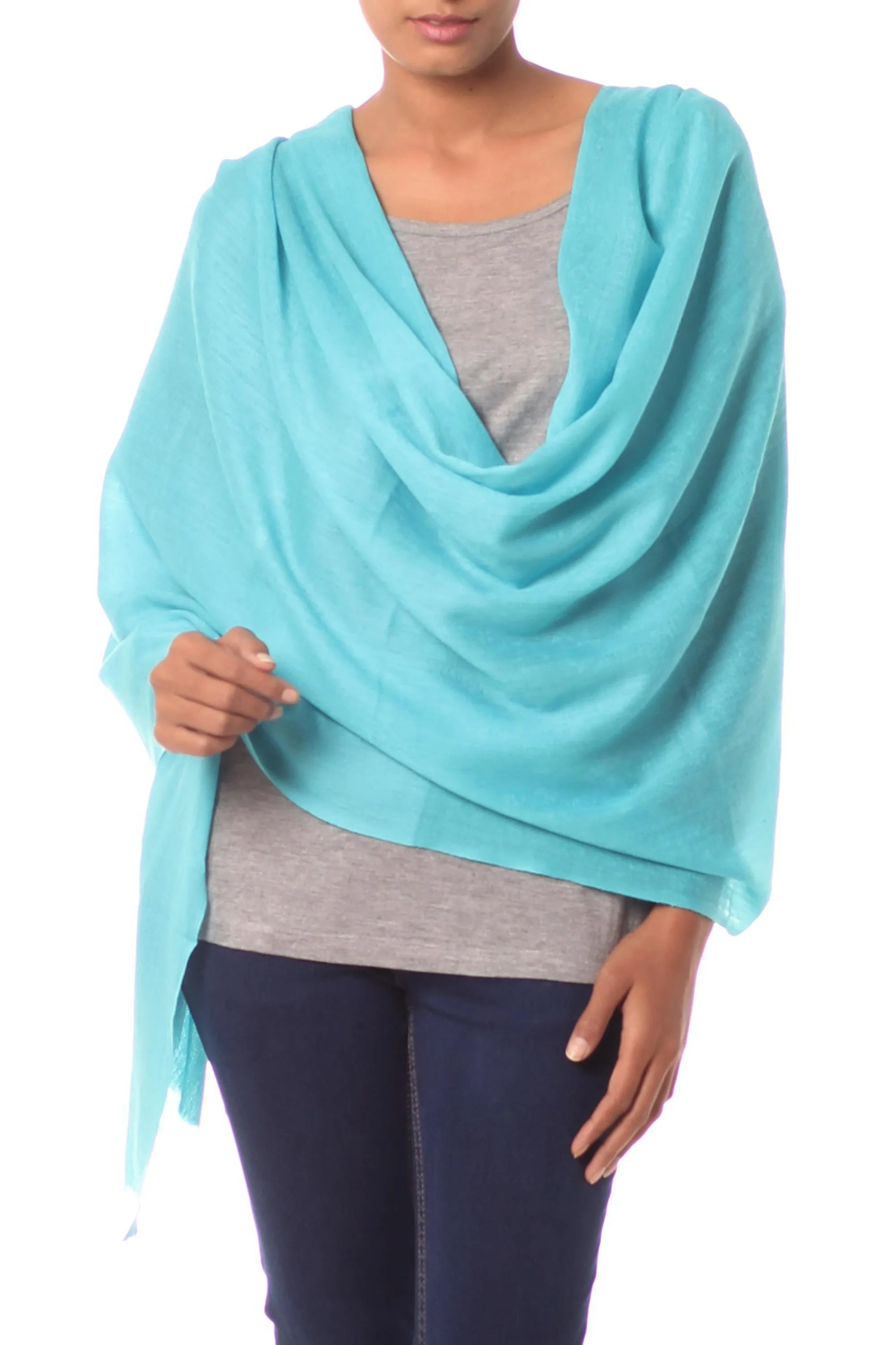 Cyan All-Wool Sky Blue Women's Shawl Handwoven in India