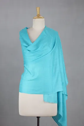 Cyan All-Wool Sky Blue Women's Shawl Handwoven in India