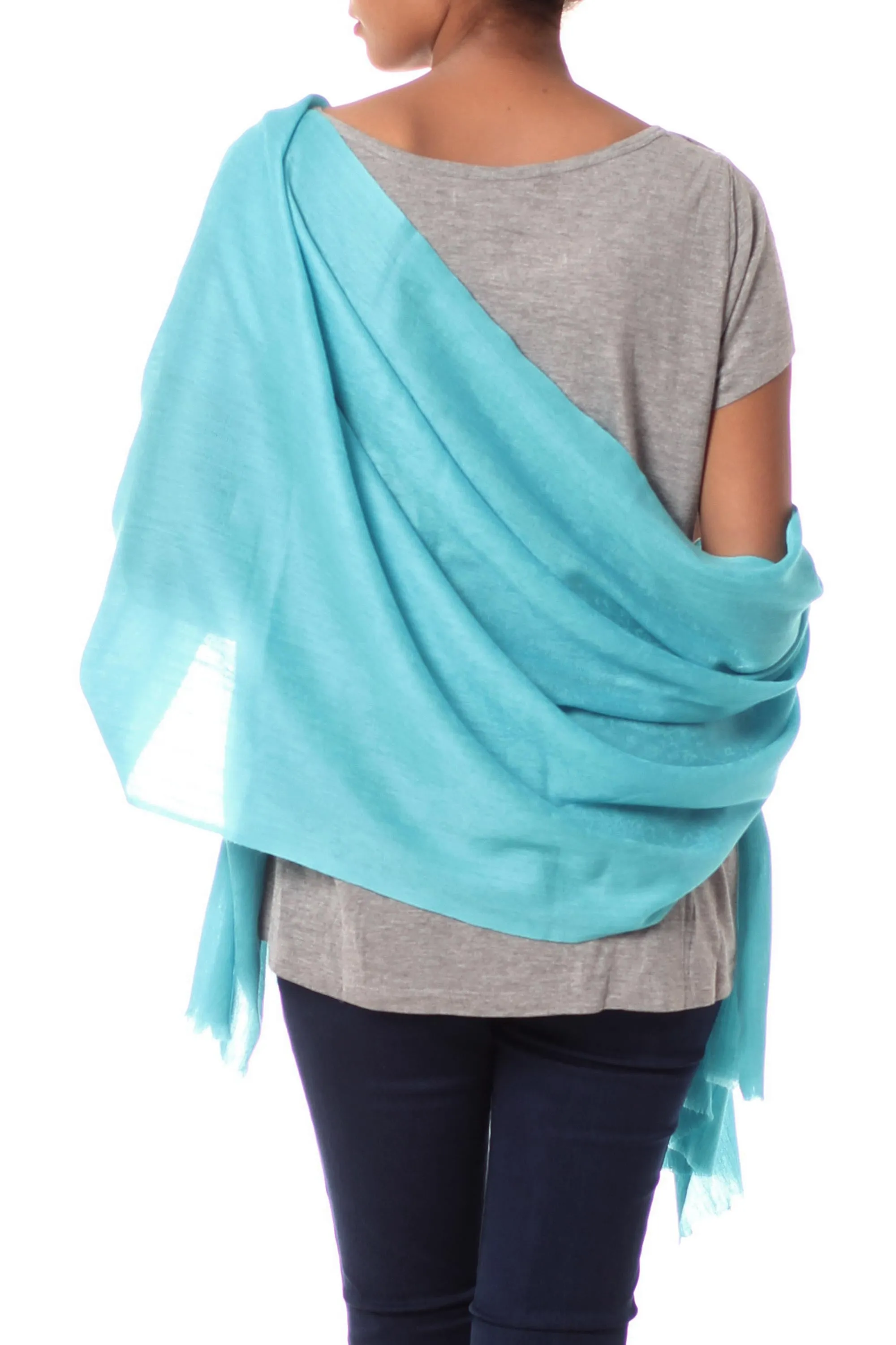 Cyan All-Wool Sky Blue Women's Shawl Handwoven in India