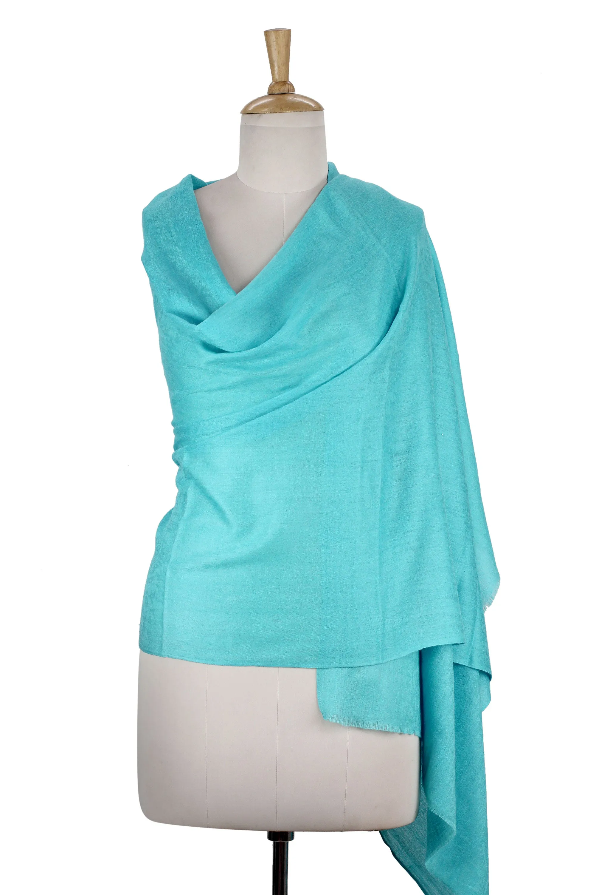 Cyan All-Wool Sky Blue Women's Shawl Handwoven in India