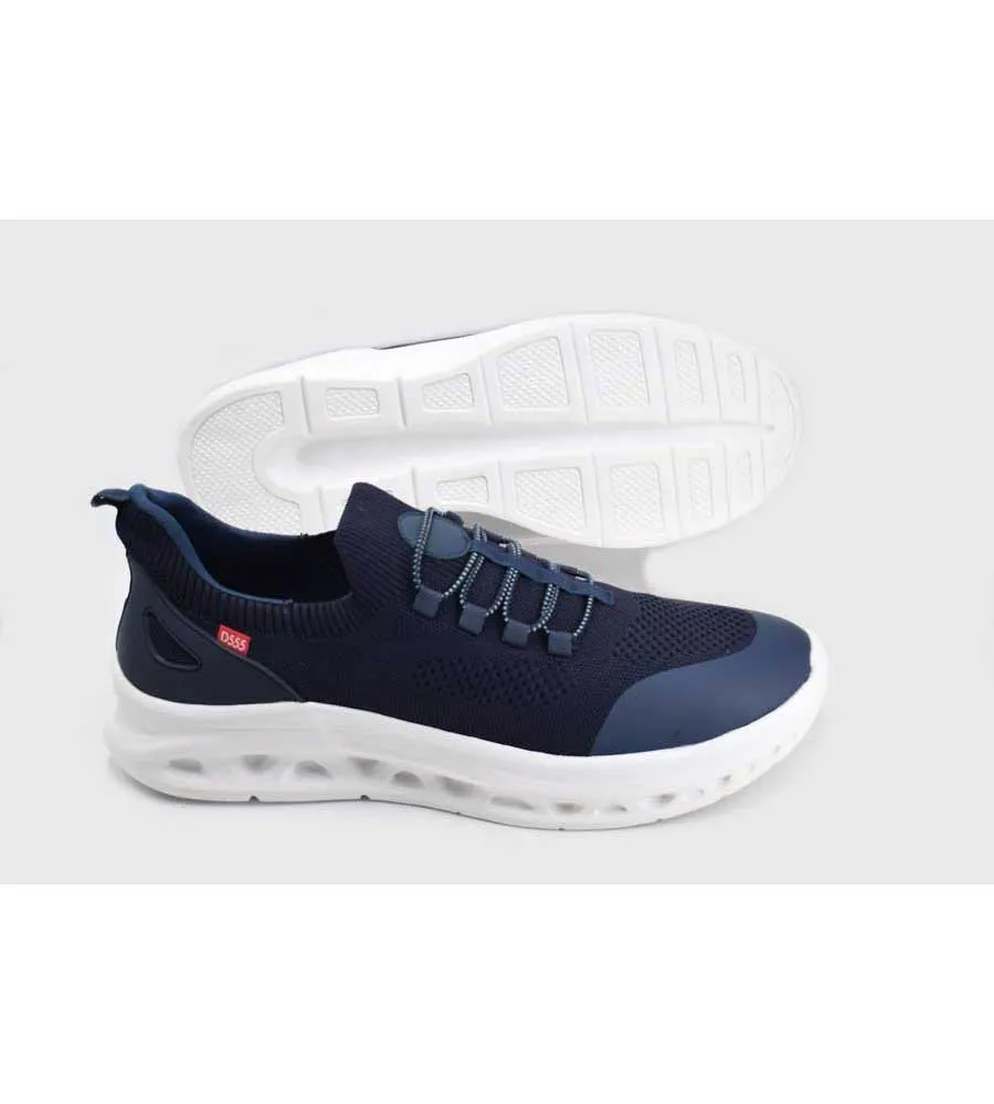 D555 Big Mens Navy Hands-Free Shoes With Knitted Top and Elastic Laces