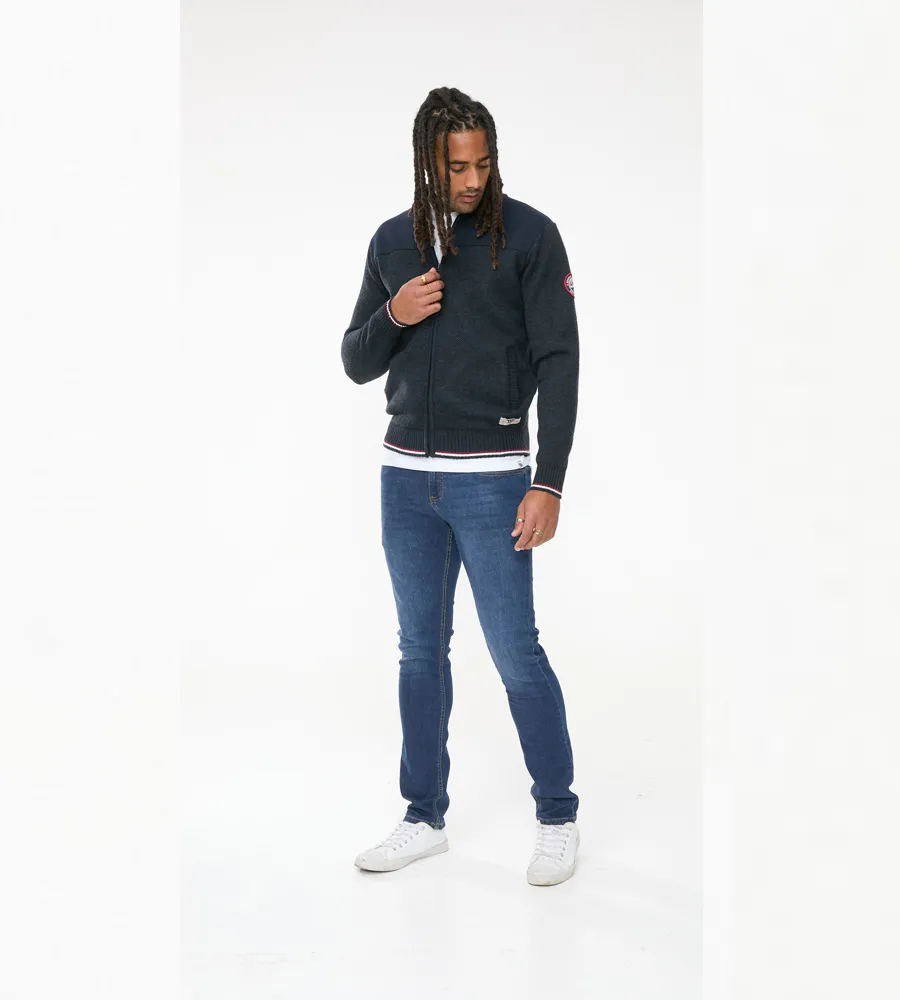 Navy Knitted Zip Through Sweater With Lining for Tall Men by D555 (ABERDARE 1)