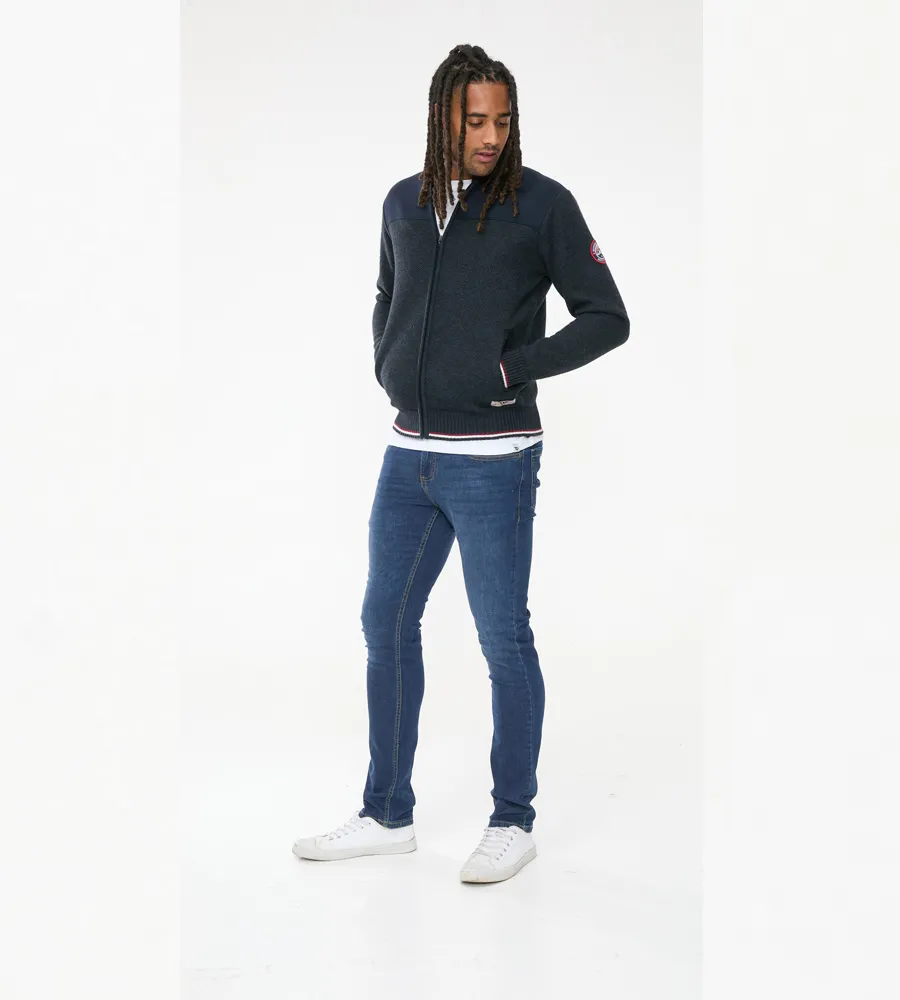 Navy Knitted Zip Through Sweater With Lining for Tall Men by D555 (ABERDARE 1)