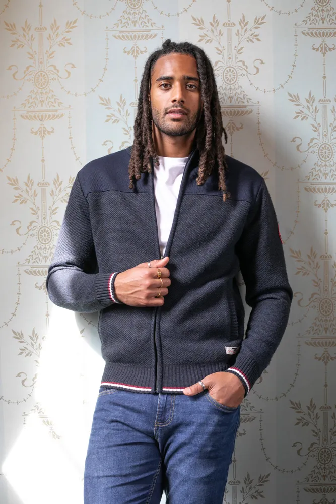 Navy Knitted Zip Through Sweater With Lining for Tall Men by D555 (ABERDARE 1)