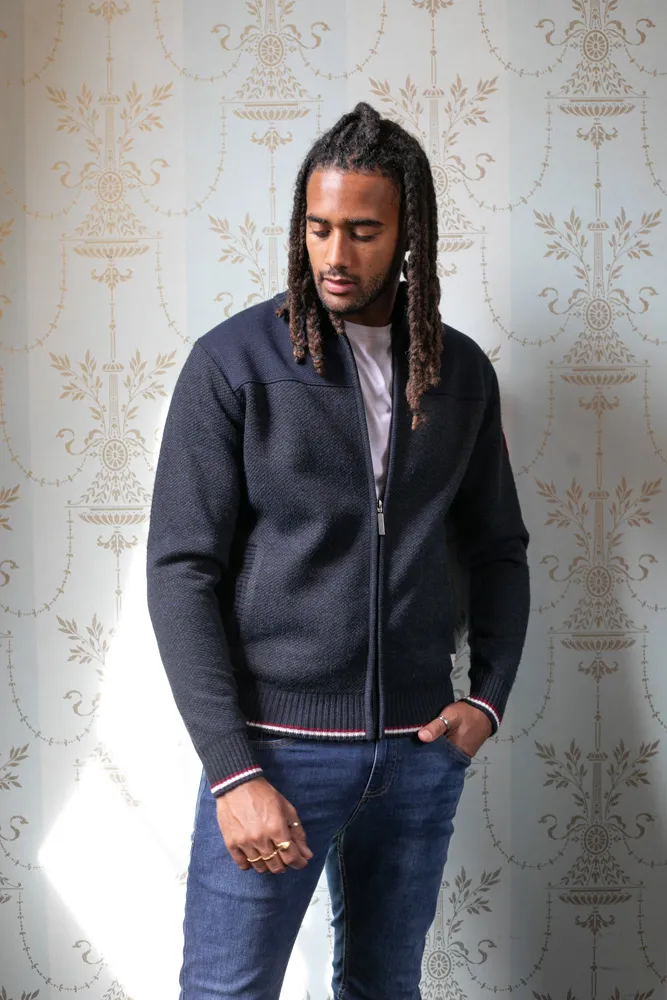 Navy Knitted Zip Through Sweater With Lining for Tall Men by D555 (ABERDARE 1)