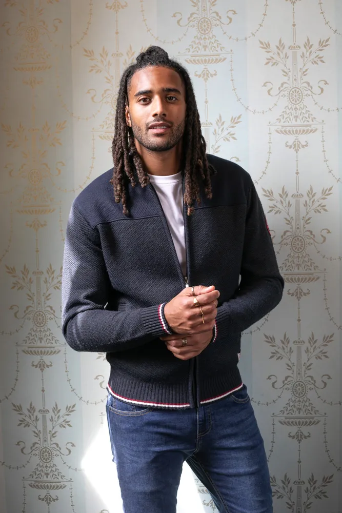 Navy Knitted Zip Through Sweater With Lining for Tall Men by D555 (ABERDARE 1)