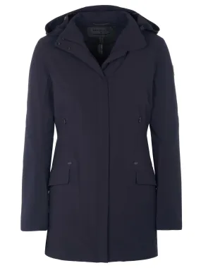 Dark blue Belstaff x McLaren coat.