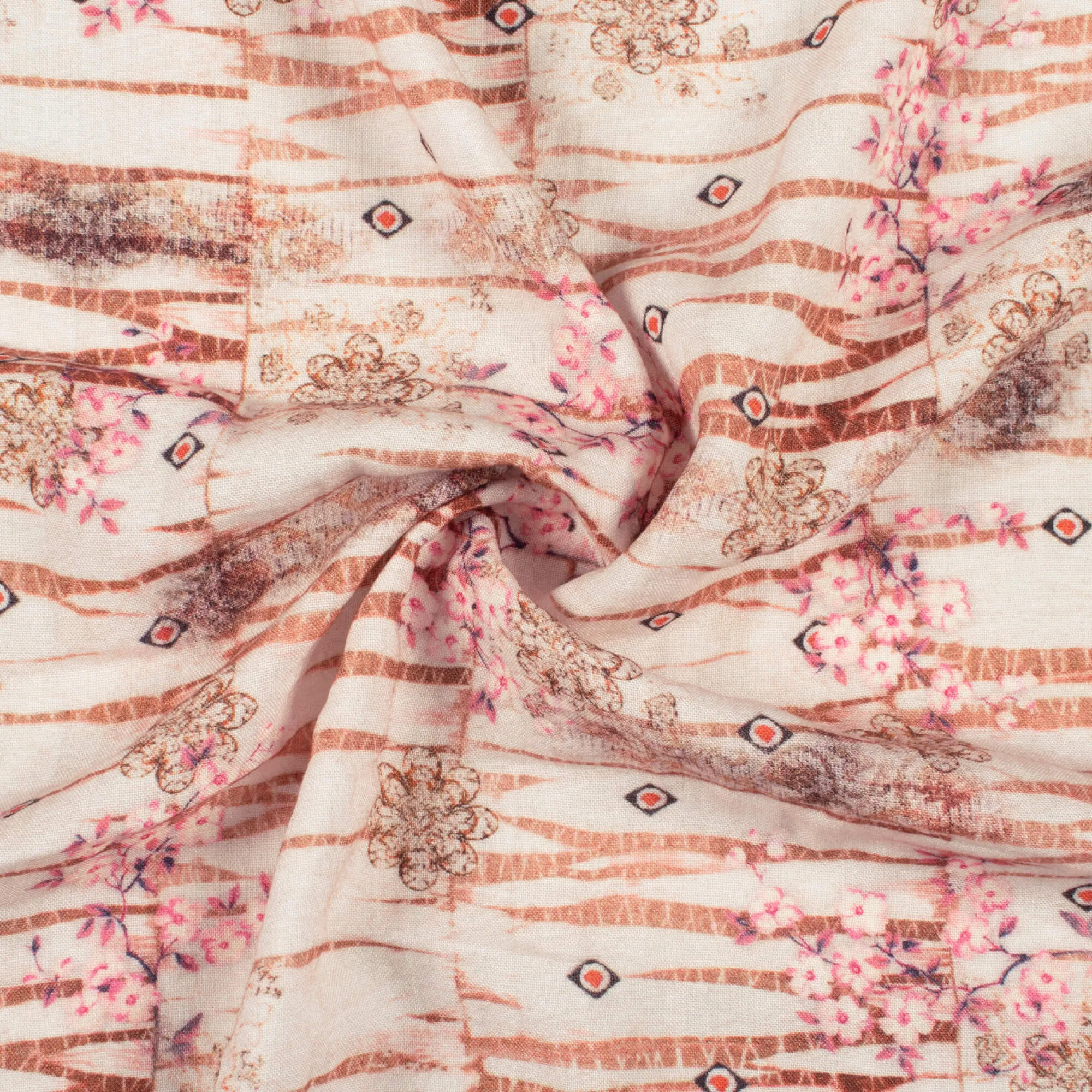 Digital Print Viscose Rayon Fabric with Macaroon Cream and Pale Pink Floral Pattern - 58 Inches Width 