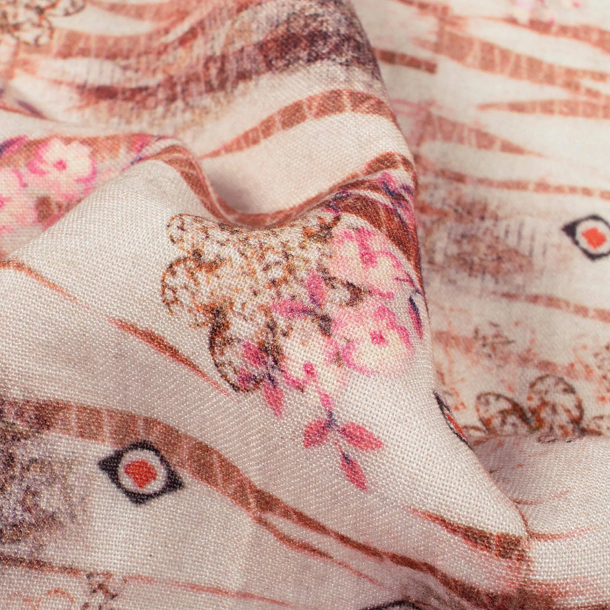 Digital Print Viscose Rayon Fabric with Macaroon Cream and Pale Pink Floral Pattern - 58 Inches Width 