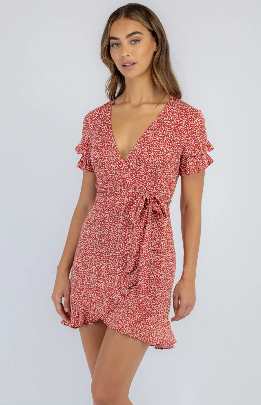 Ditsy Floral Dress with Ruffled Hem and Belt