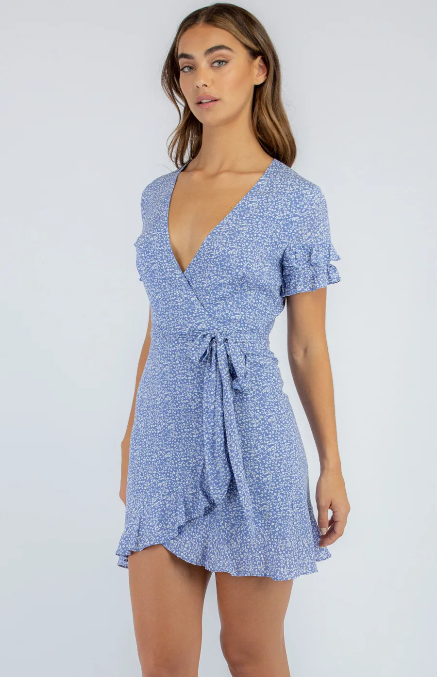 Ditsy Floral Dress with Ruffled Hem and Belt