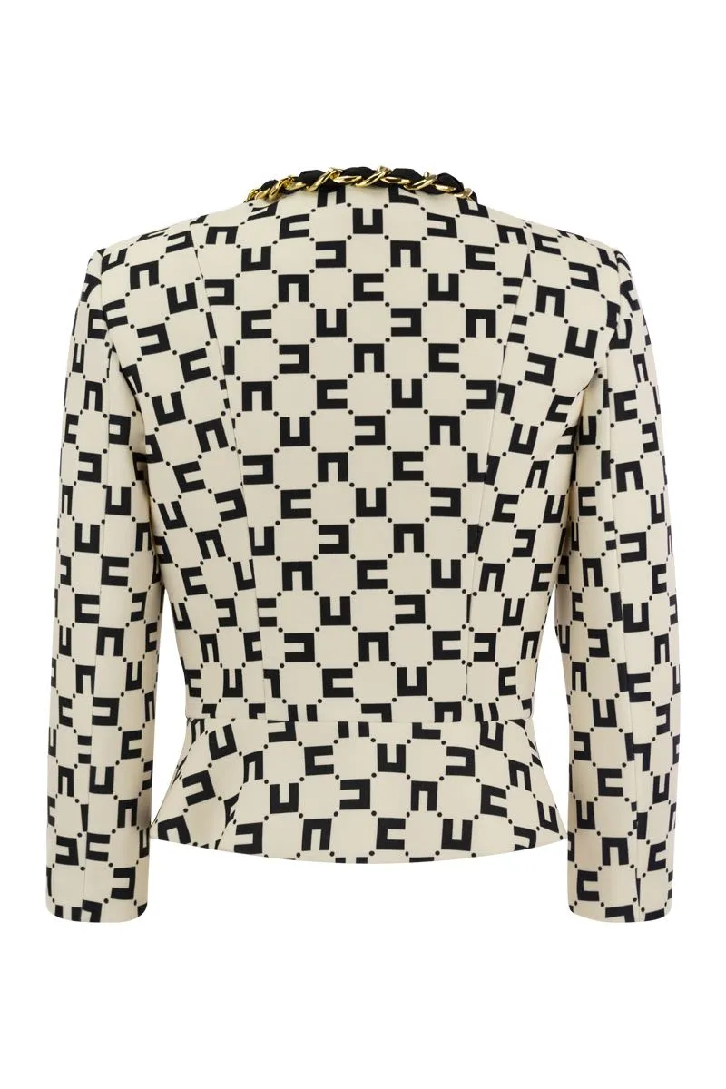 ELISABETTA FRANCHI Monogram Print Crepe Jacket Black Chain Accessory Scarf