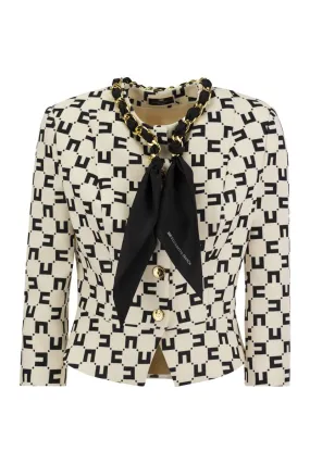 ELISABETTA FRANCHI Monogram Print Crepe Jacket Black Chain Accessory Scarf