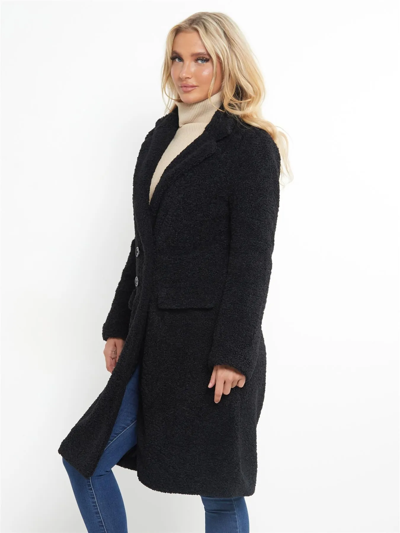 Black and Cream Faux Fur Boucle Long Trench Coat, UK Sizes 8-16