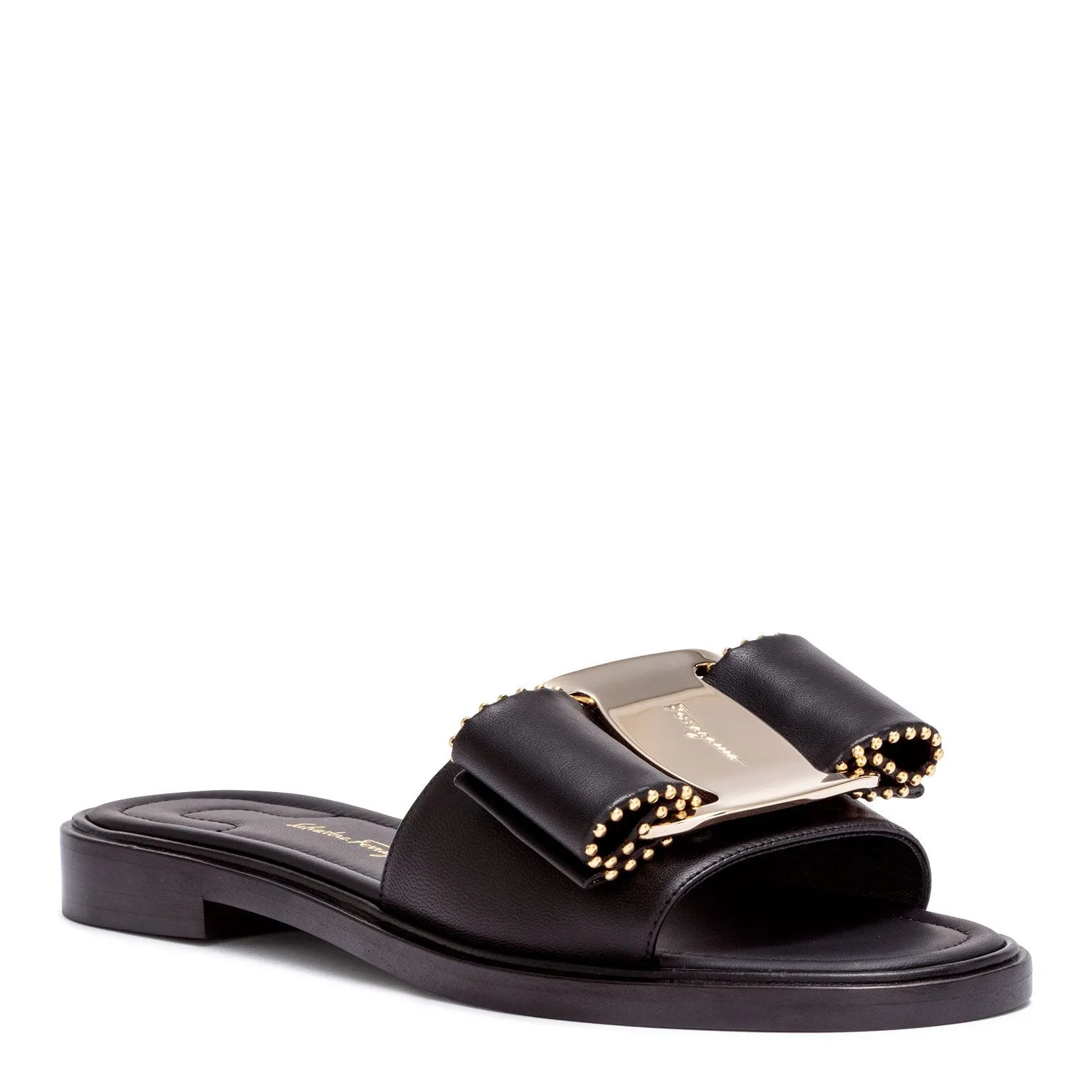 Ferragamo Black Leather Studded Bow Slide Sandals