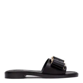 Ferragamo Black Leather Studded Bow Slide Sandals