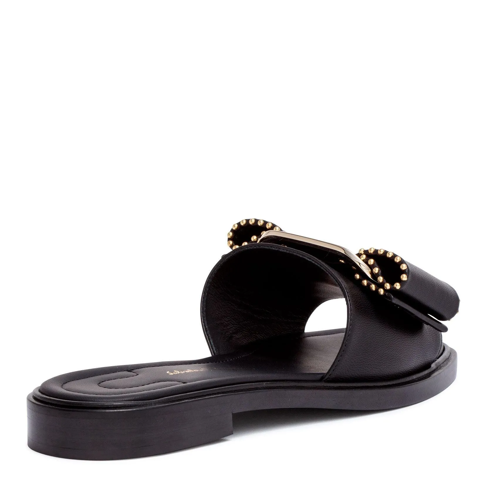 Ferragamo Black Leather Studded Bow Slide Sandals