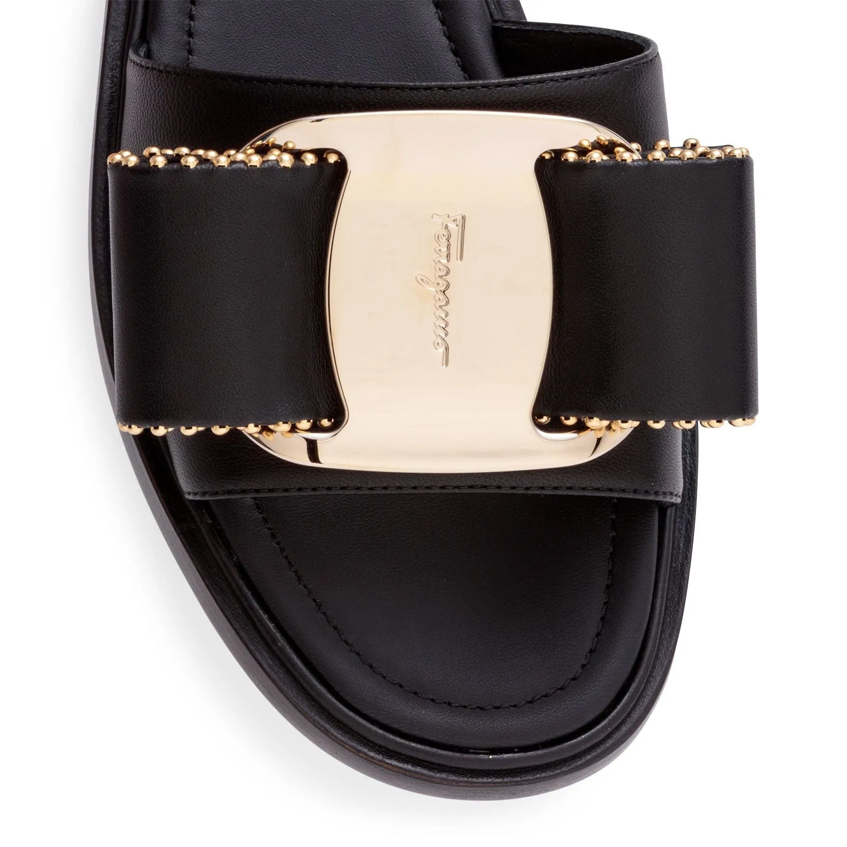 Ferragamo Black Leather Studded Bow Slide Sandals