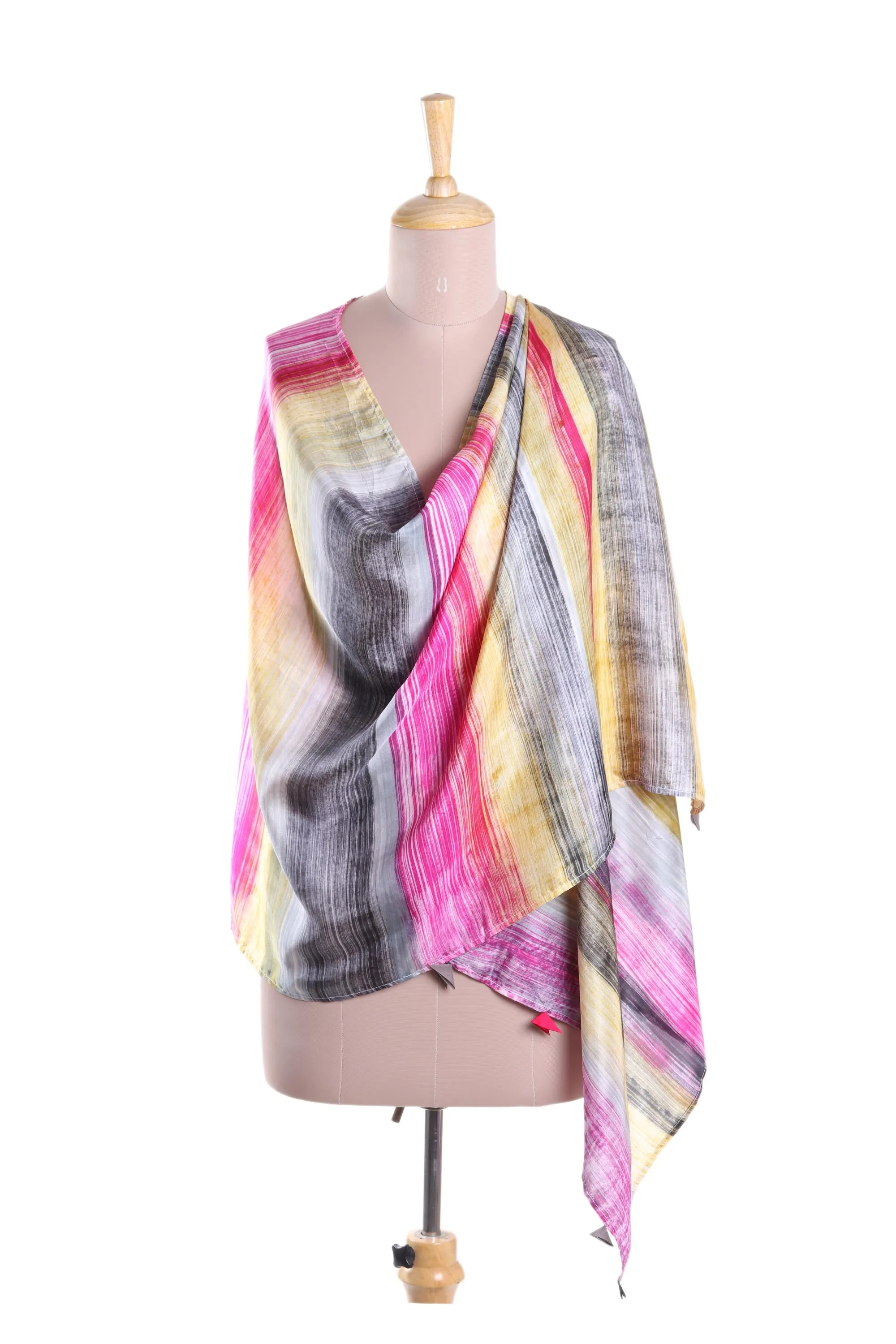 Fuchsia Silk Shawl with Multi-Color Stripes - Hand Printed Silk