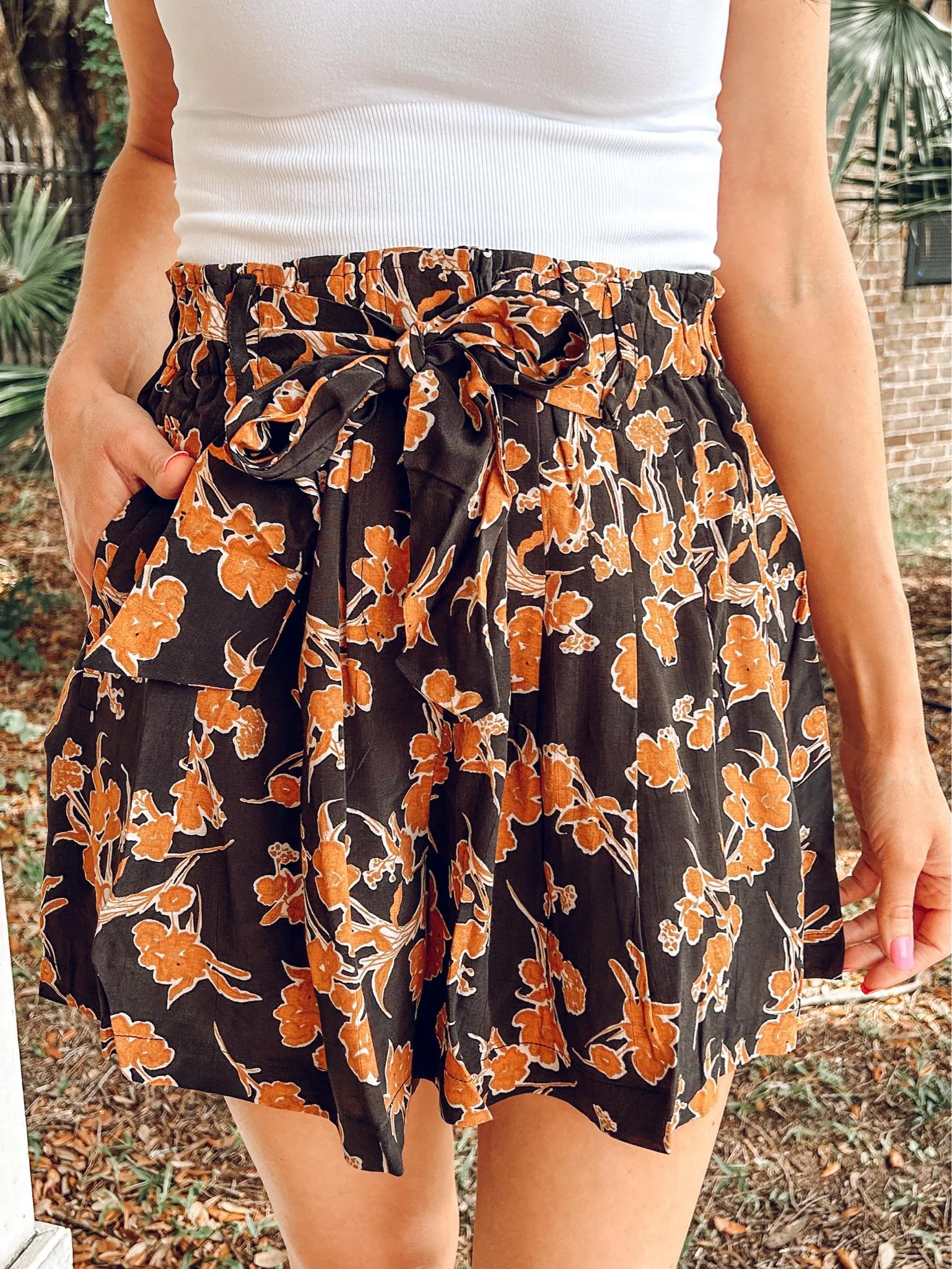 Golden Floral Printed Shorts in Black