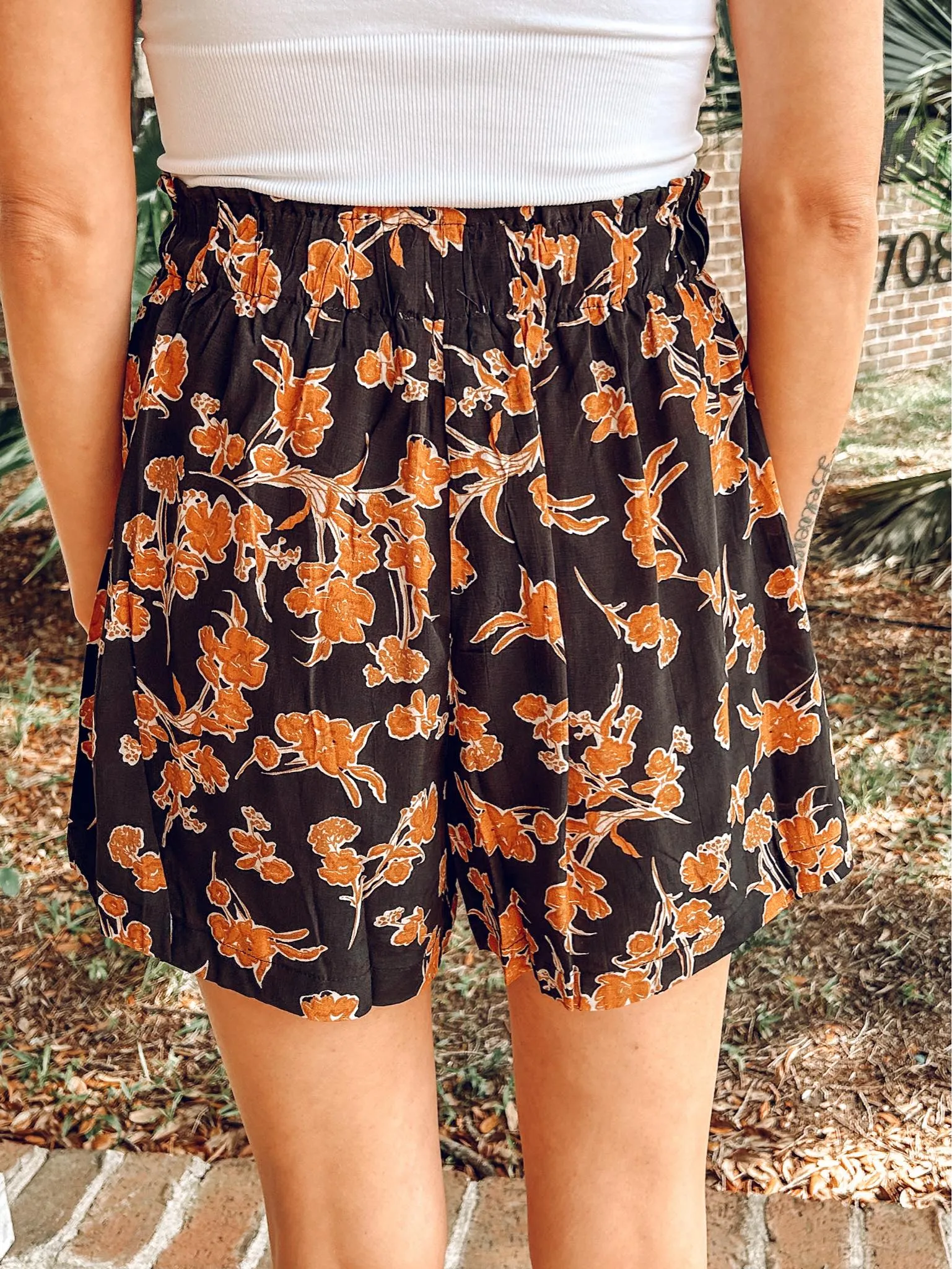 Golden Floral Printed Shorts in Black