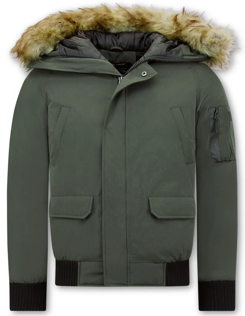 Green Winter Coat with Fake Fur Collar