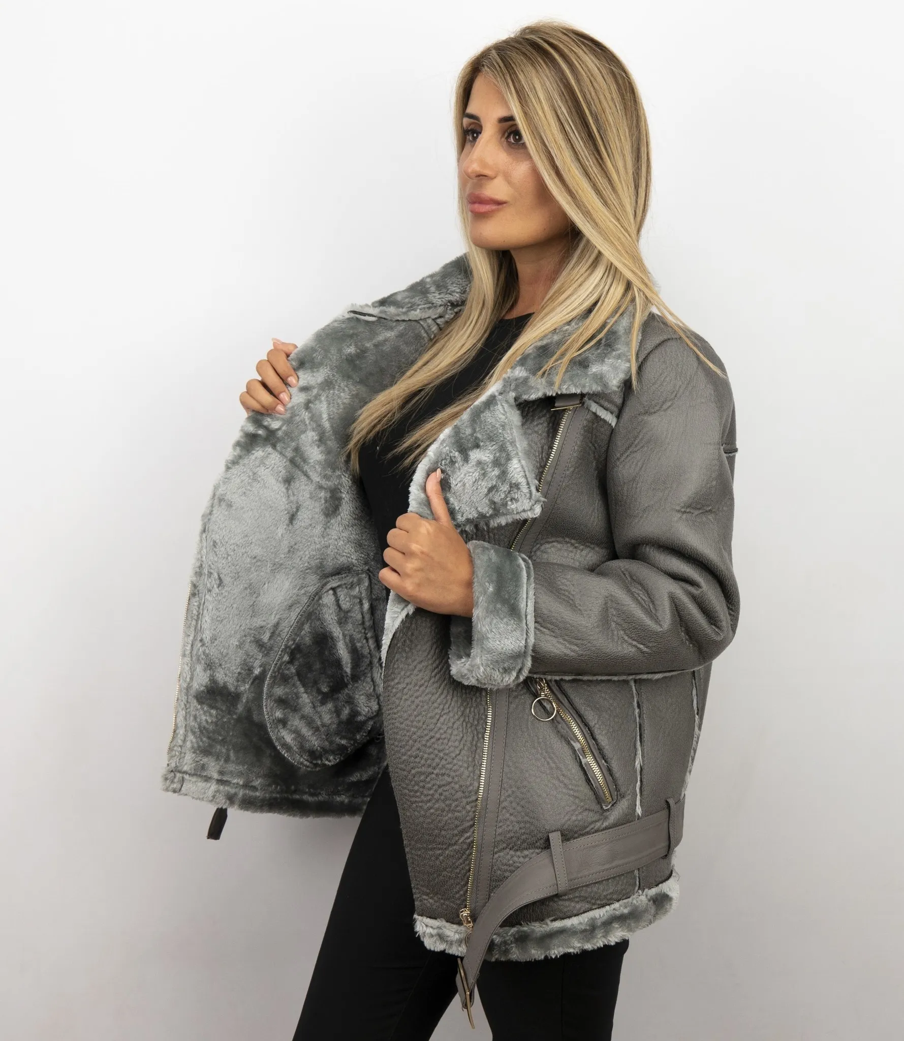 Grey Shearling Lammy Coat Women's