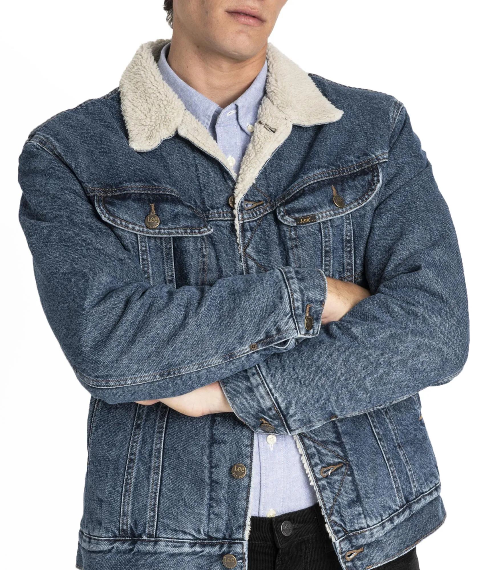 Lee Sherpa Rider Denim Trucker Jacket in Dark Stone