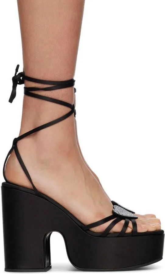 Les Petits Joueurs Black Bianca Heart Platform Sandals