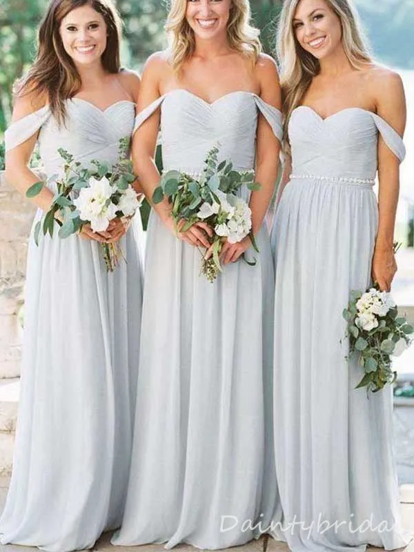 Light Blue Chiffon Off the Shoulder Bridesmaid Dress - Sleeveless A-line - Long