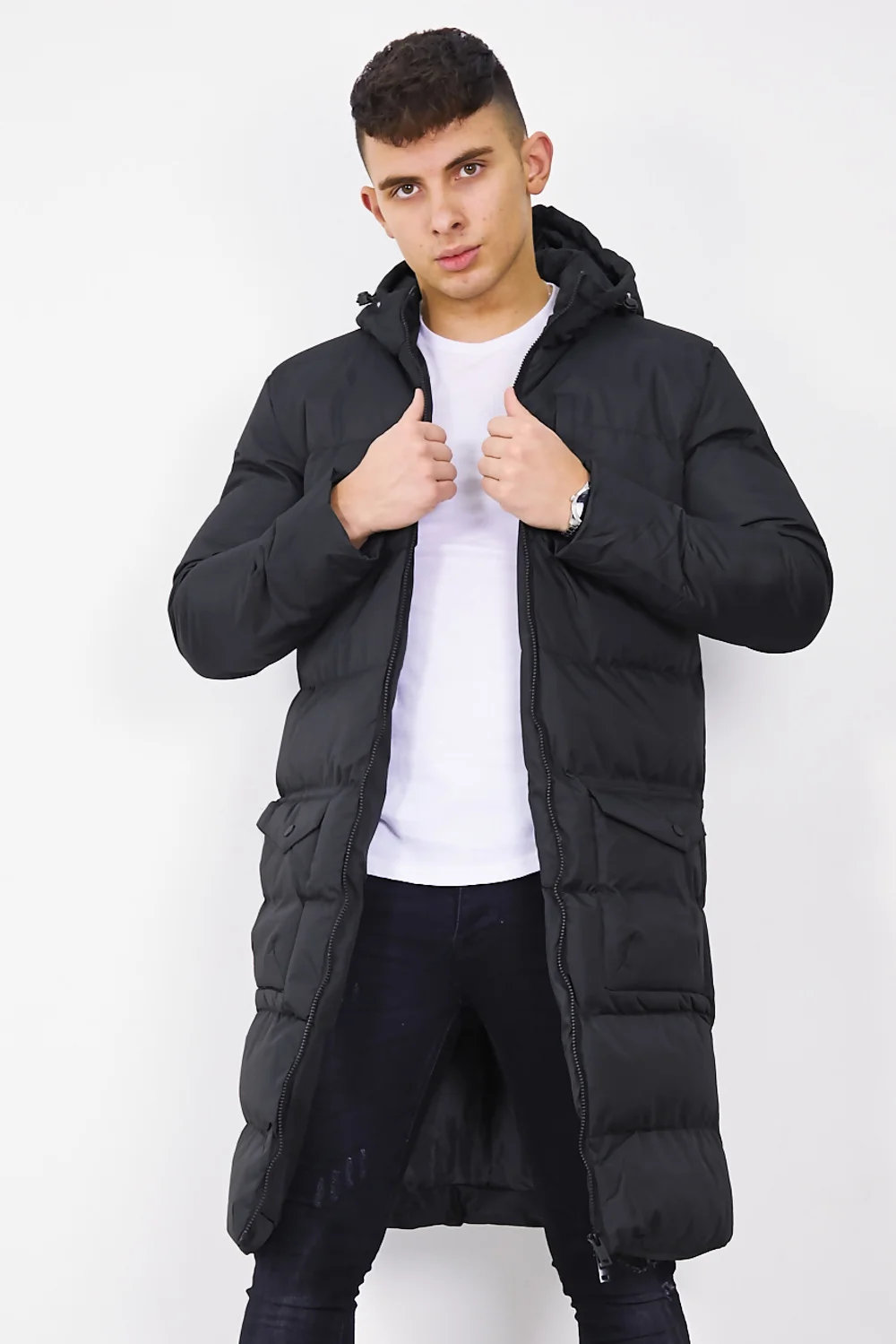 Long Black Hooded Puffer Coat for Men