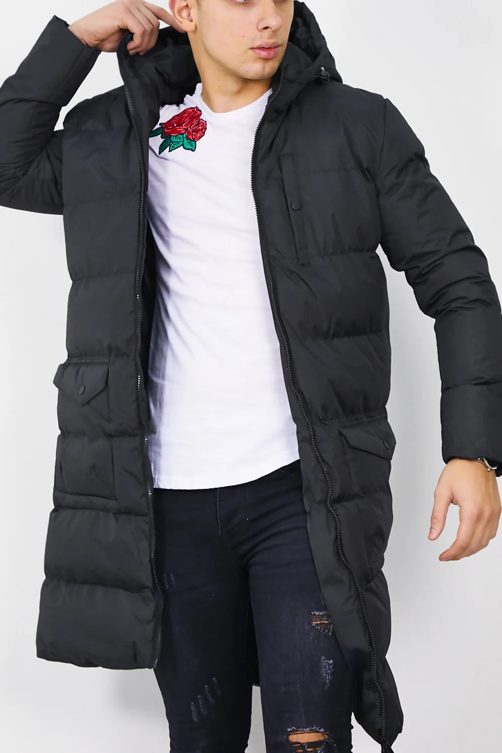 Long Black Hooded Puffer Coat for Men