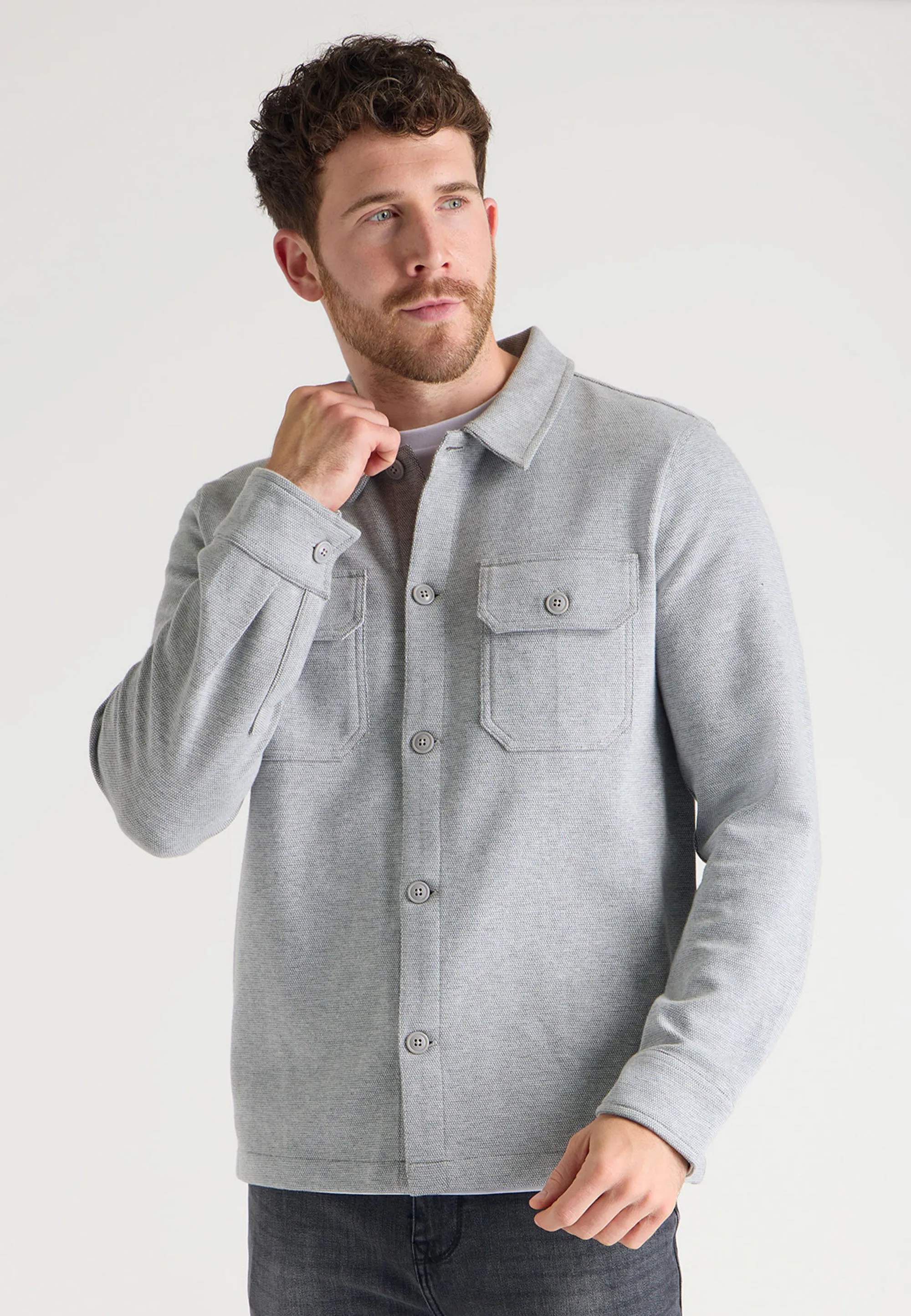 Men's Grey Textured Sweatshirt Jacket