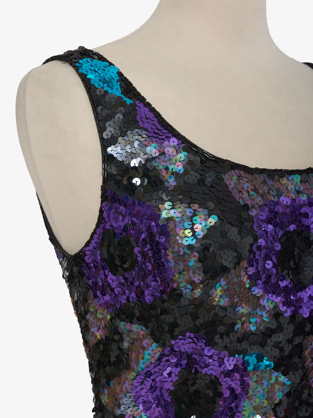 Nadine Mini dress purple rose sequins green leaves '80s