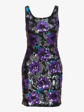 Nadine Mini dress purple rose sequins green leaves '80s