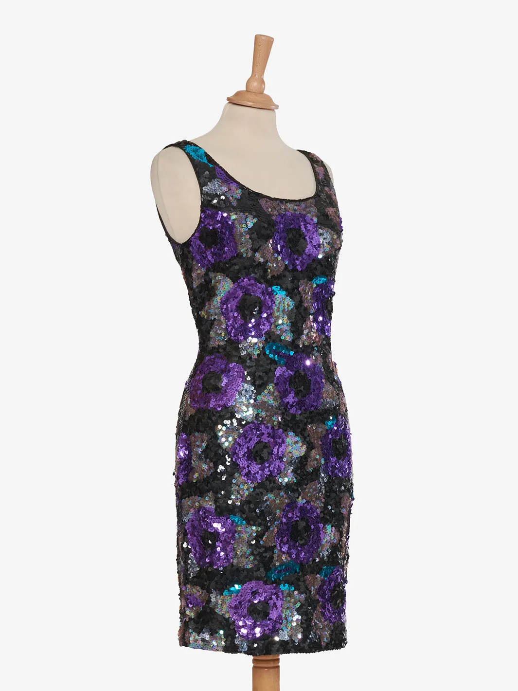 Nadine Mini dress purple rose sequins green leaves '80s