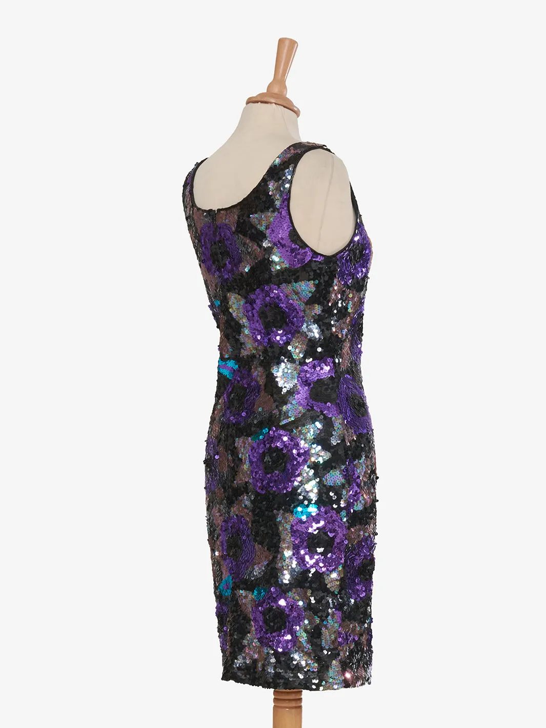 Nadine Mini dress purple rose sequins green leaves '80s