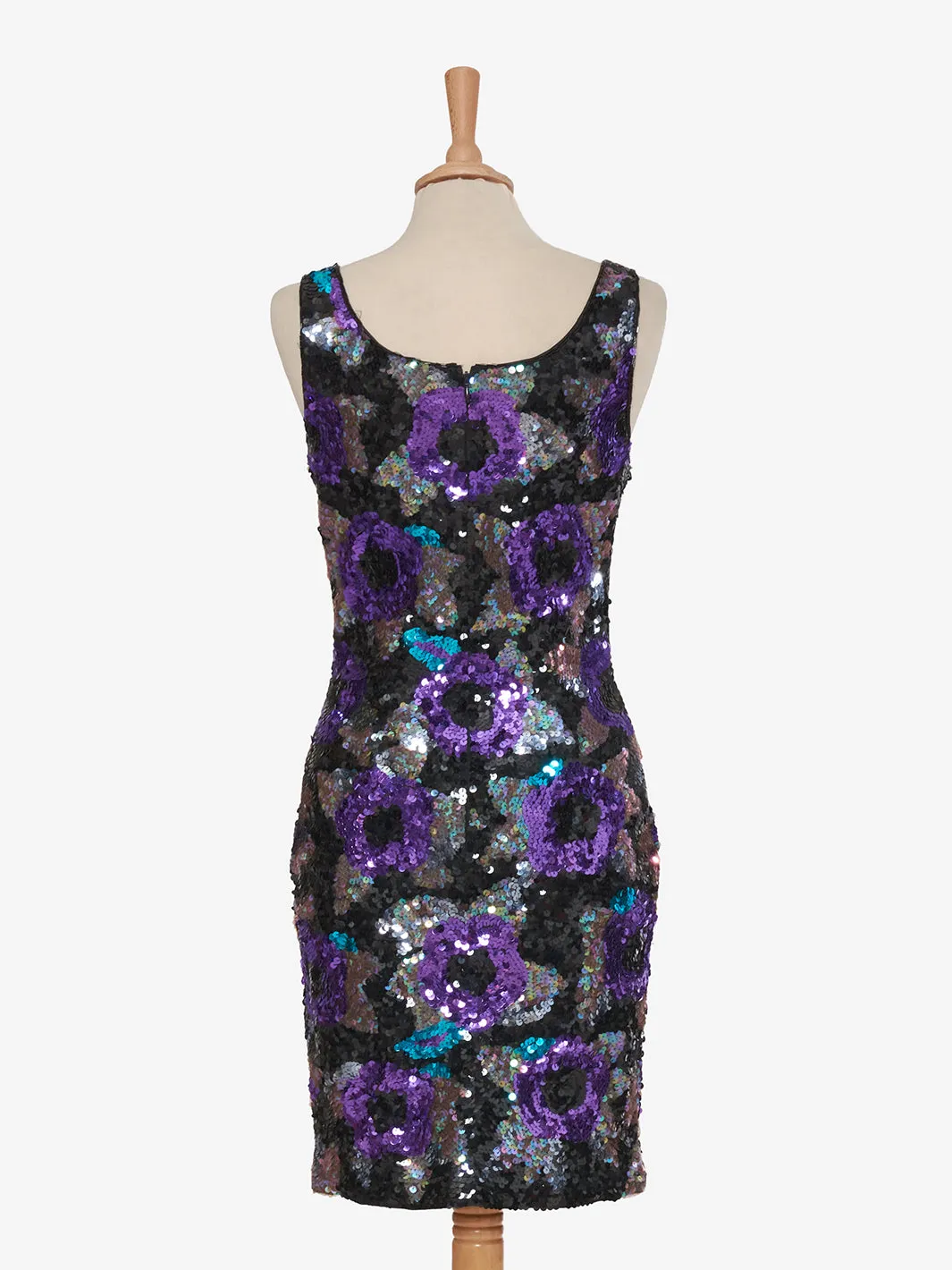 Nadine Mini dress purple rose sequins green leaves '80s