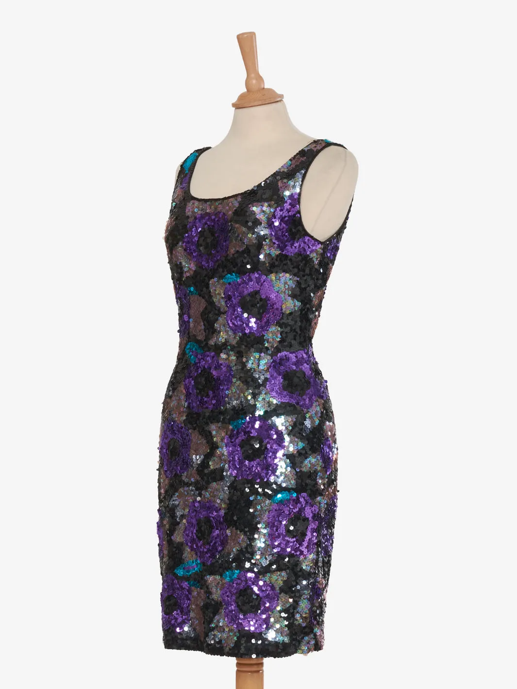 Nadine Mini dress purple rose sequins green leaves '80s