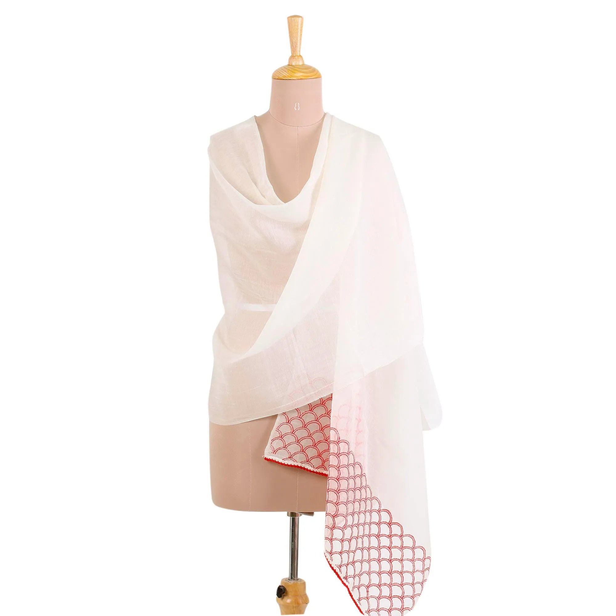 Natural and Strawberry Cotton Silk Blend Indian Shawl for Picnic