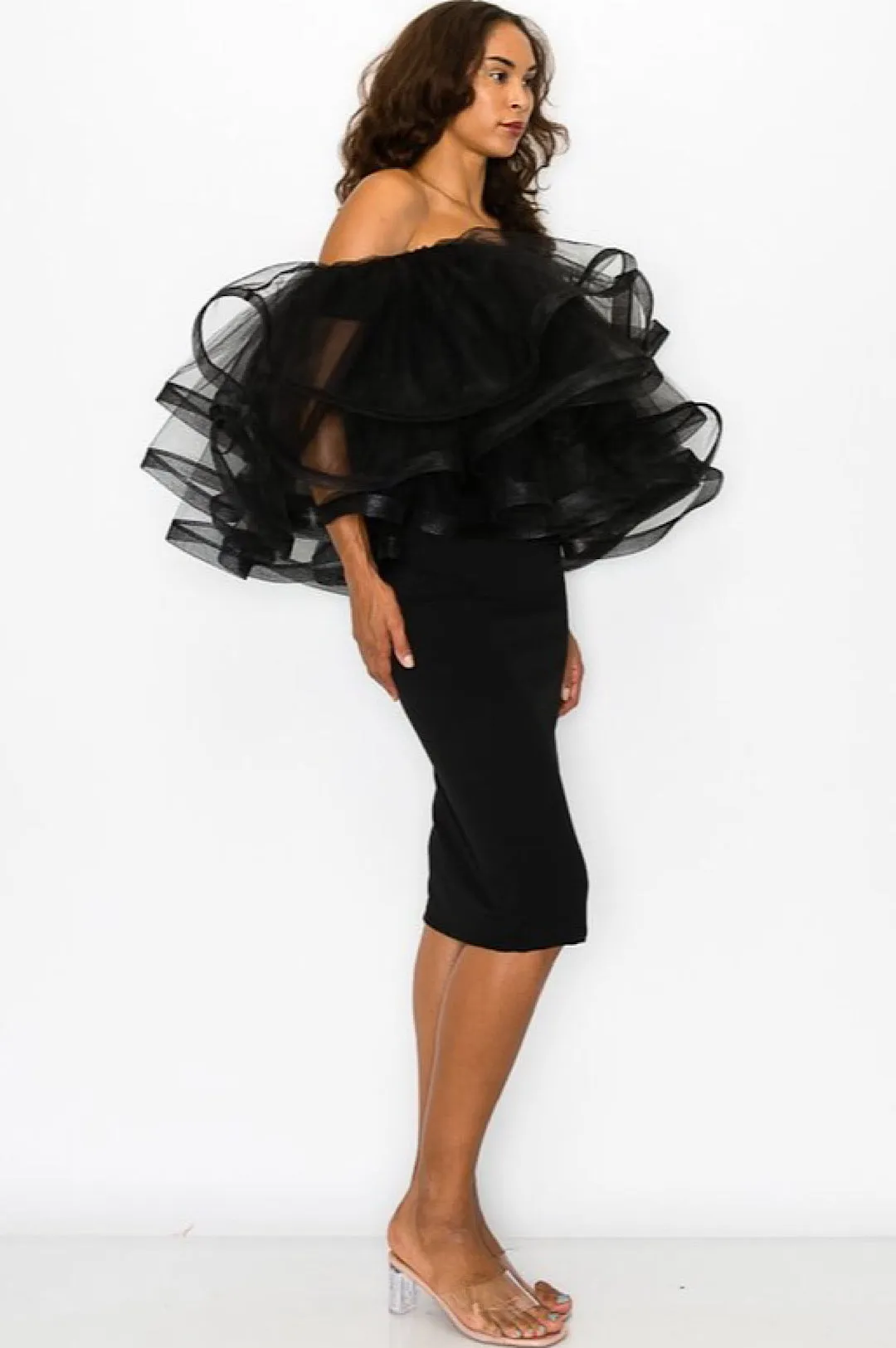 Off The Shoulder Black Tulle Dress