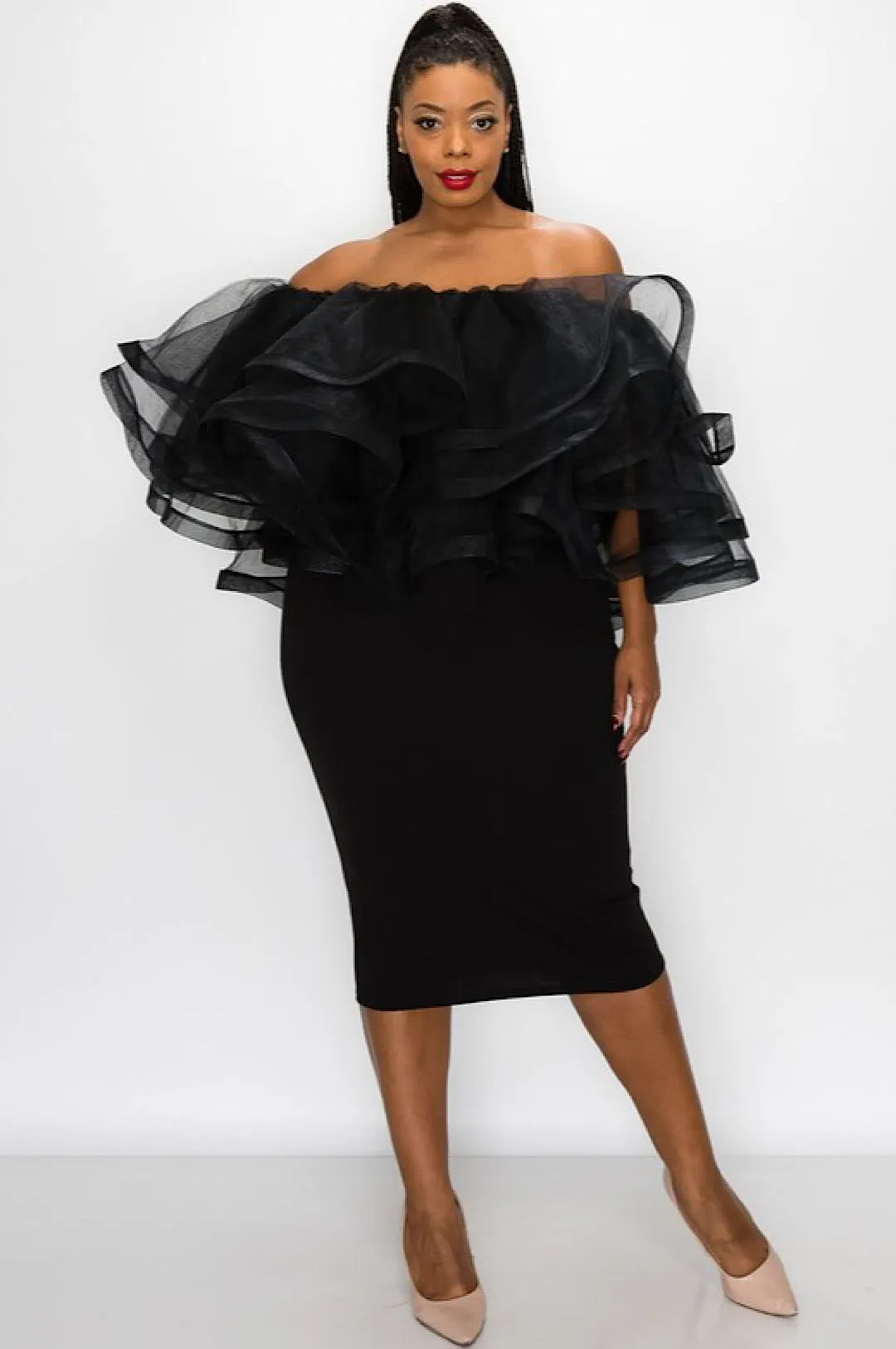 Off The Shoulder Black Tulle Dress