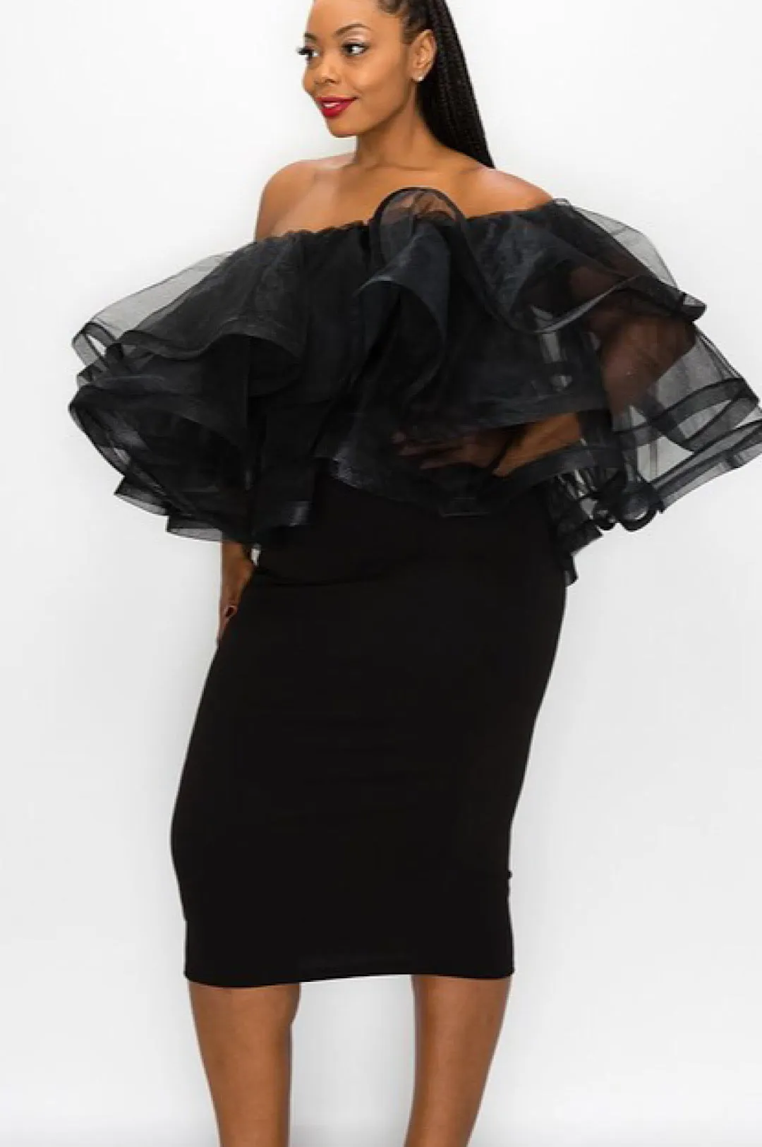 Off The Shoulder Black Tulle Dress