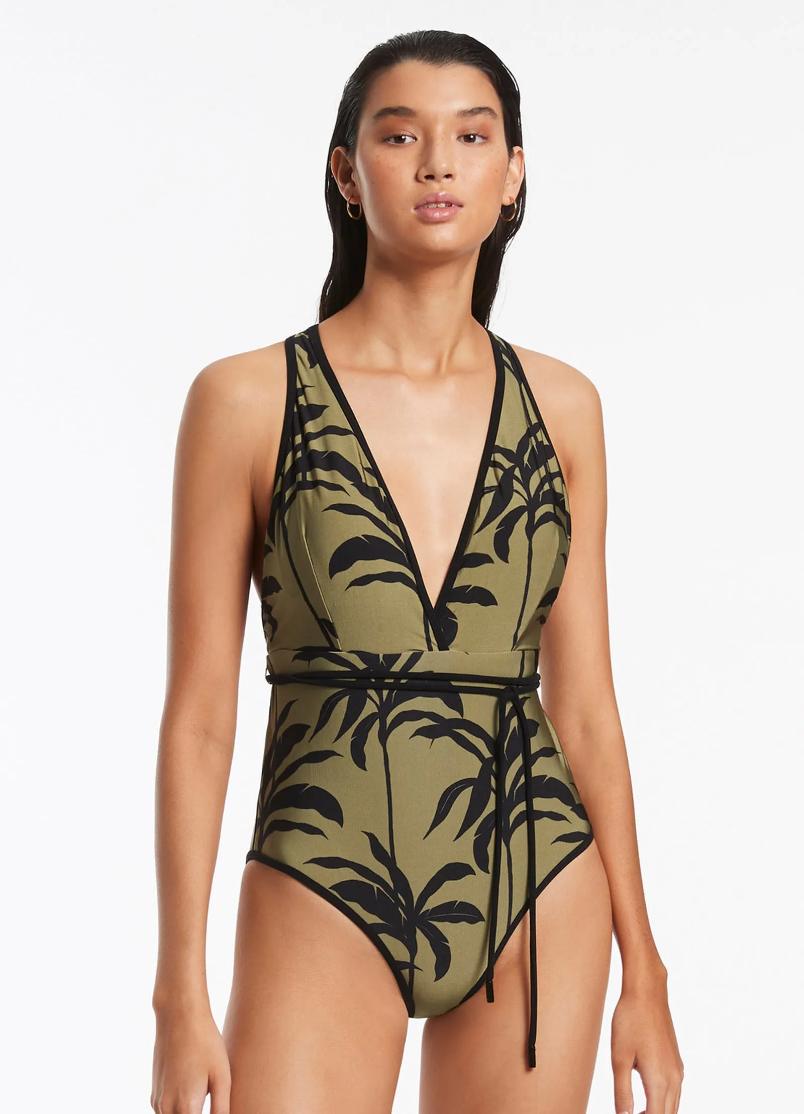 Olive Palme Plunge One Piece Swimsuit