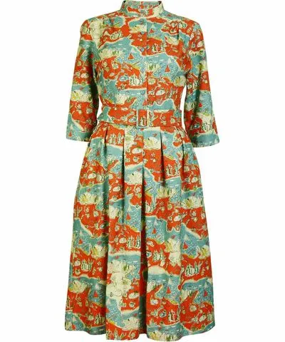 Cynthia - Mandarin Treasure Map Dress in Blue / Yellow / Orange by Palava Women