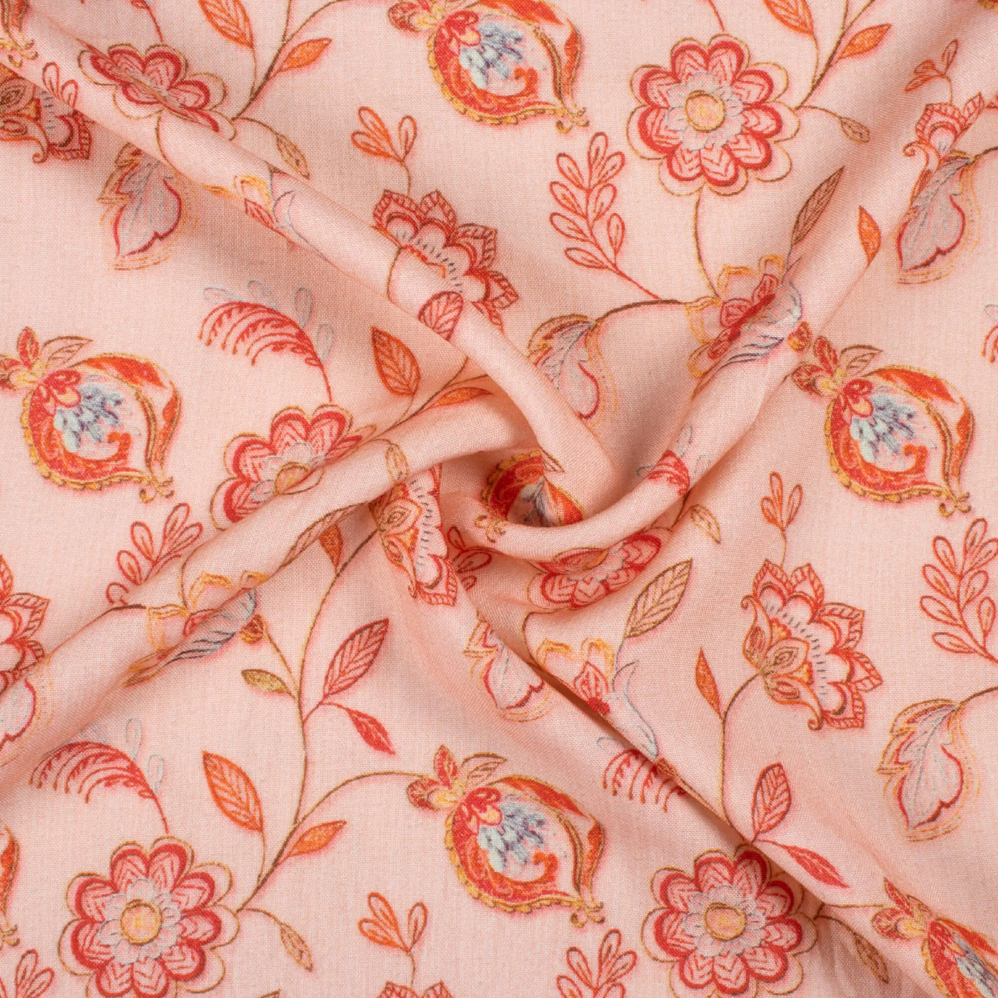 Peach Red Floral Pattern Fabric - Viscose Rayon Digital Print (58 Inches)