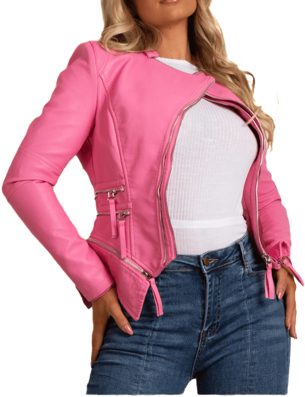 Pink Biker Jacket with Double Zipper Detail