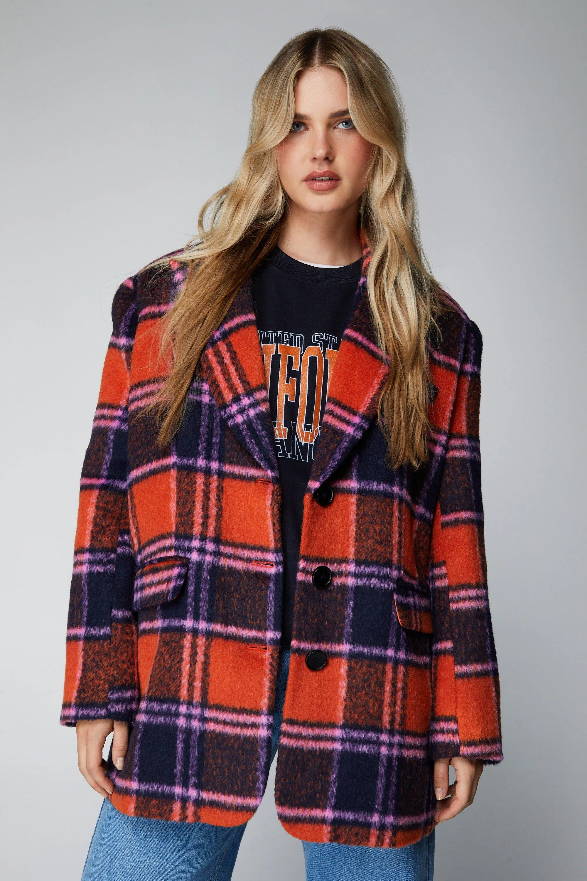 Plaid Blazer Coat Wool Look Premium