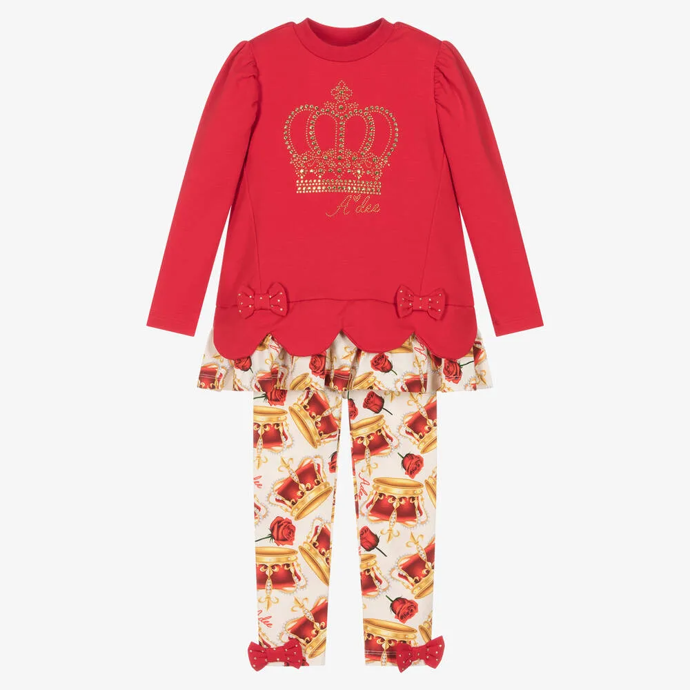 Red Cotton Crown Leggings Set for Girls